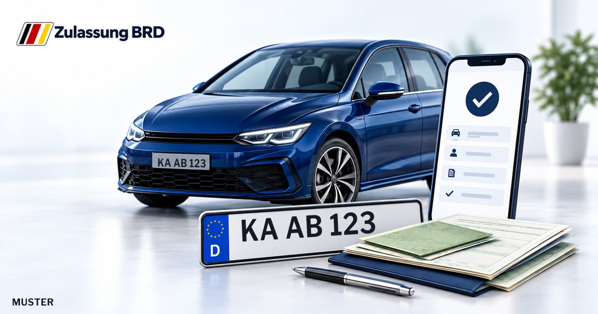 Online Fahrzeugzulassung in Kraichtal: Musterkennzeichen KA AB 123, Auto und Fahrzeugpapiere und Smartphone. Illustration mit Logo von Zulassung BRD.